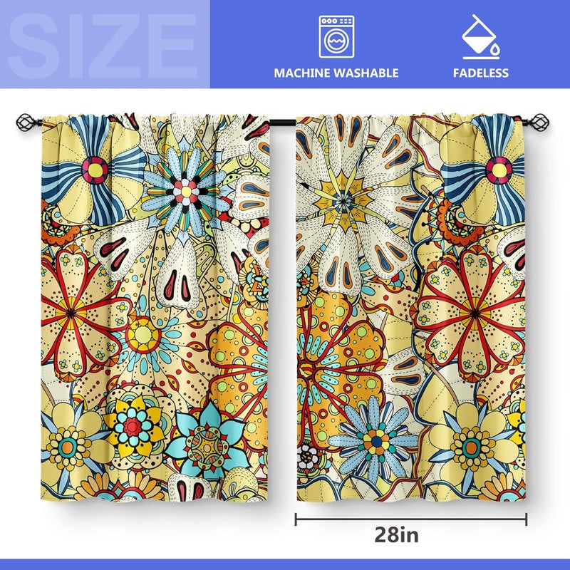 Aimego Boho Floral Kitchen Curtains - Bohemian Colorful Flowers Print Cafe Small Short Tier Window Curtains for Bathroom Living Room Decor Rod Pocket Window Drapes 36 Inch Length Set 28"x36" - Image 3